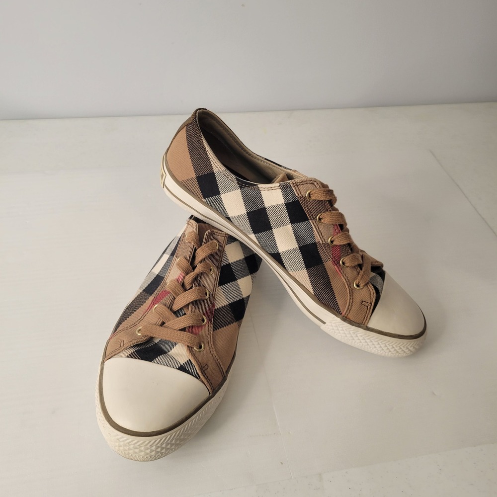 Burberry Sneakers Womens 11 Tan Nova Check Canvas Plaid Captoe Low Top Lace Up